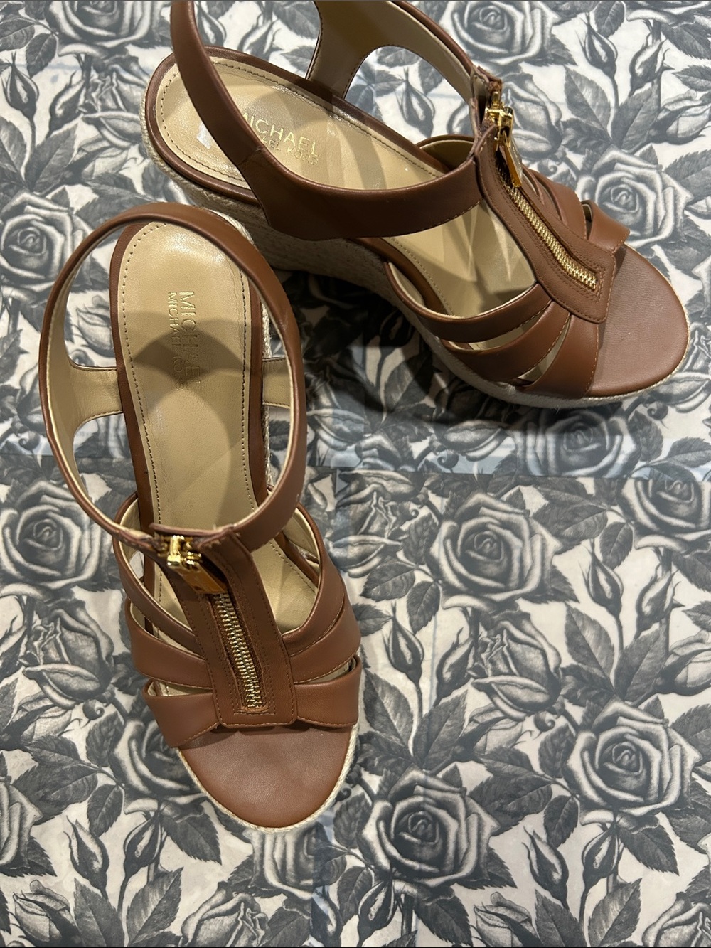 Michael Kors Tan Leather Wedge Sandals with Front Zip